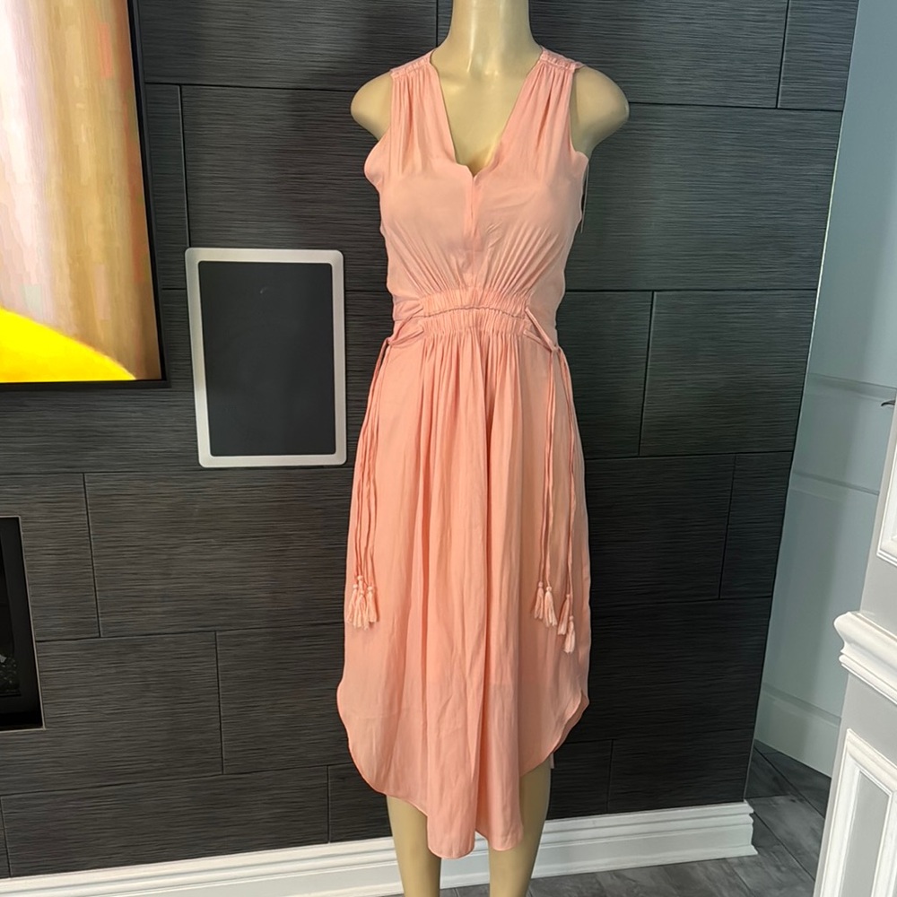 T Tahari V Neck sleeveless drawstring Peach Halter Midi Dress size XS